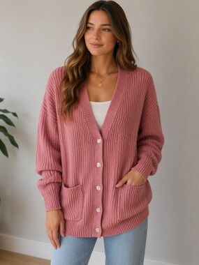 LOFT Dusty Rose Ribbed Cardigan Button Front Long Sleeve Soft Knit Size L